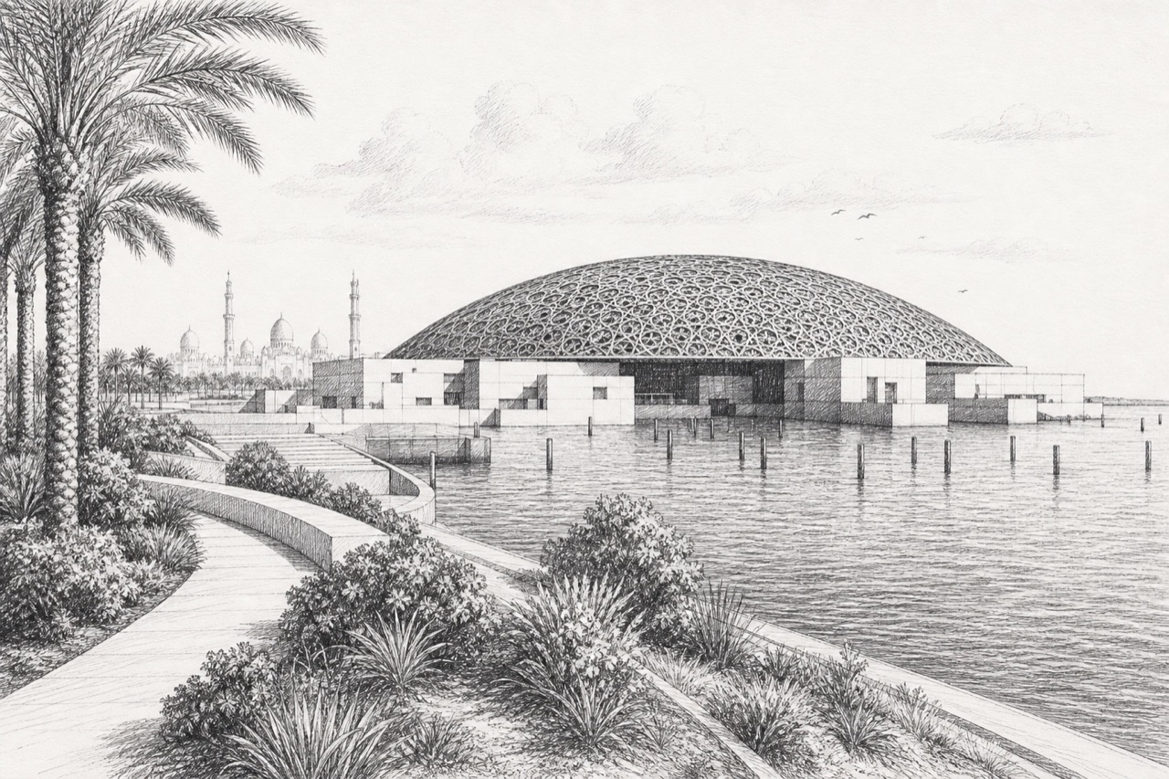 Hand-drawn pencil travel sketch for Abu Dhabi, United Arab Emirates