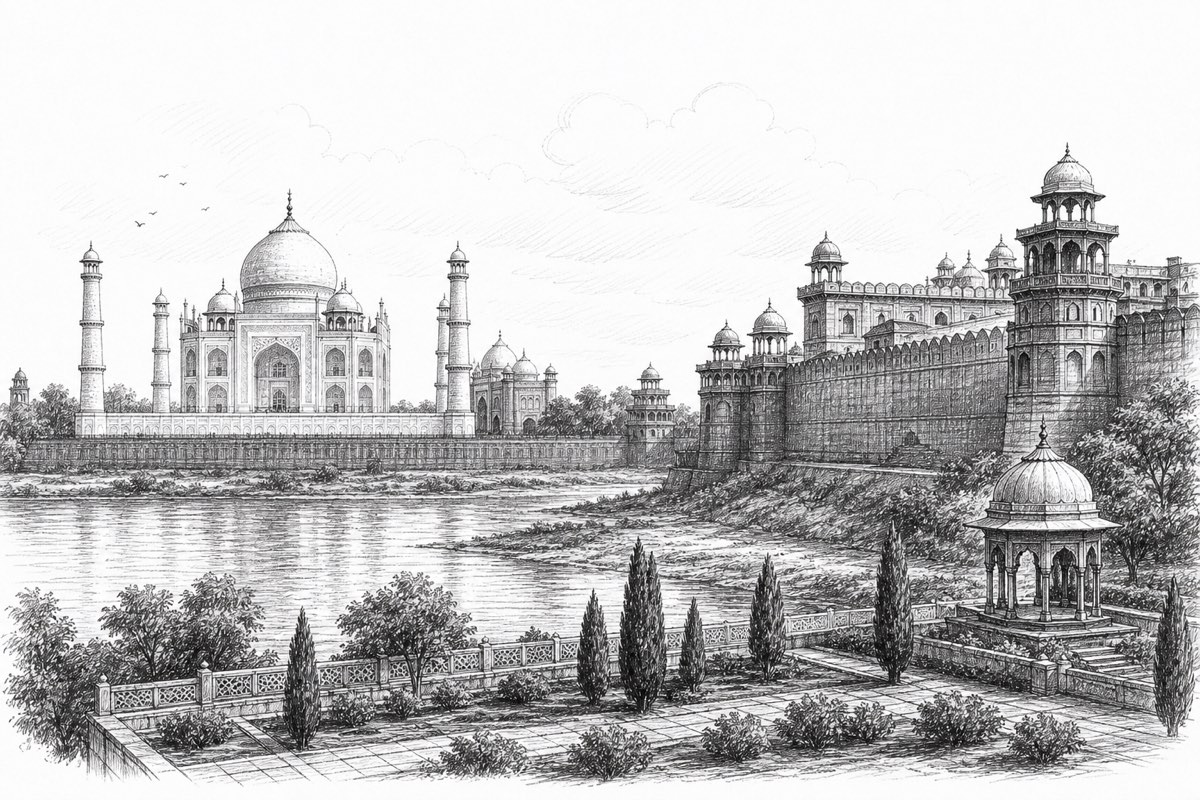 Hand-drawn pencil travel sketch for Agra