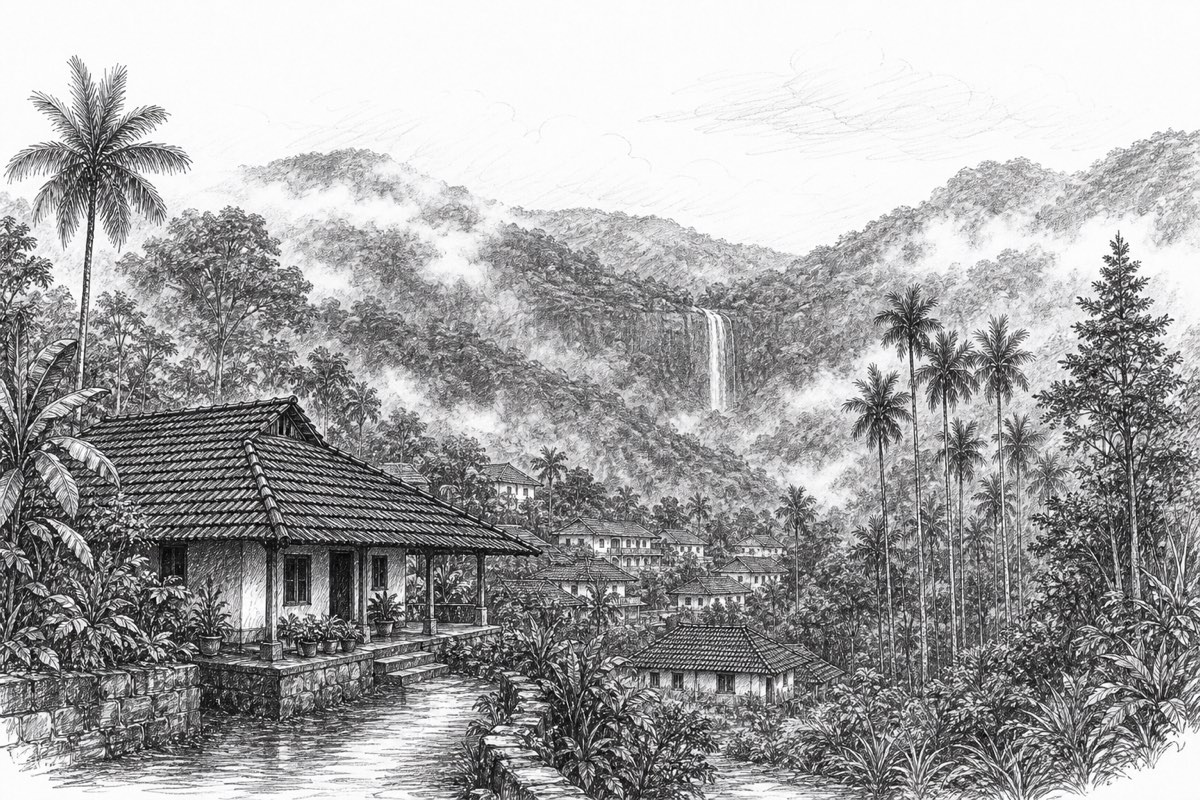 Hand-drawn pencil travel sketch for Agumbe
