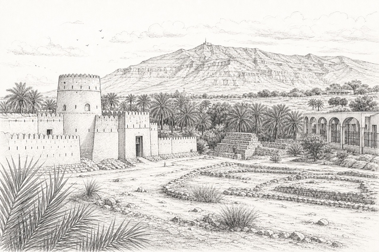 Hand-drawn pencil travel sketch for Al Ain, United Arab Emirates