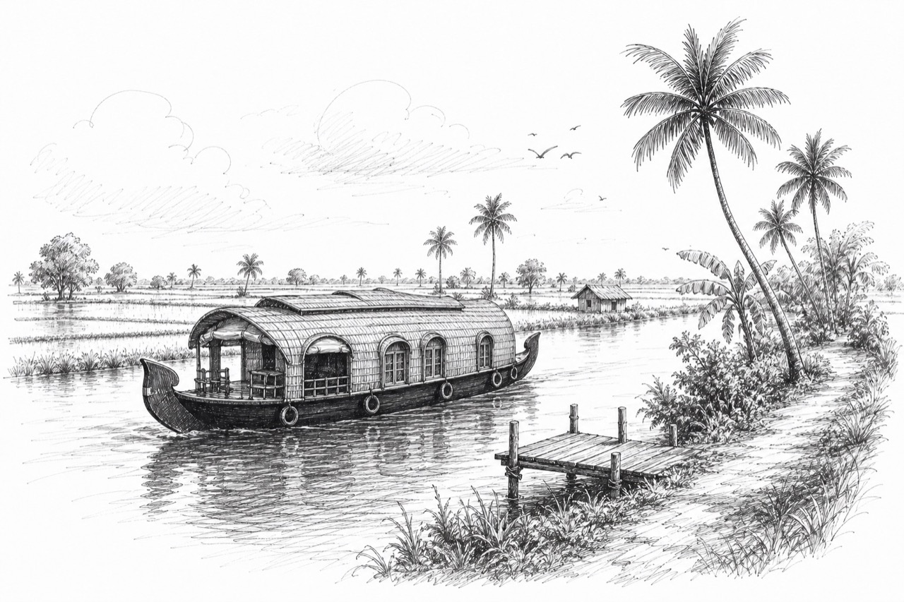 Hand-drawn travel sketch of Alappuzha and Kuttanad