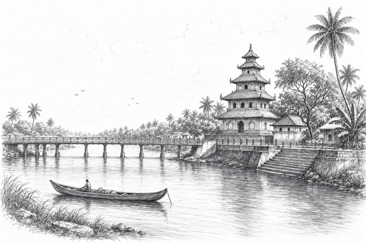 Hand-drawn travel sketch of Aluva and Kalady