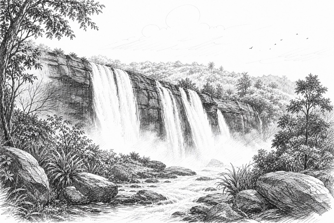 Hand-drawn travel sketch of Athirappilly
