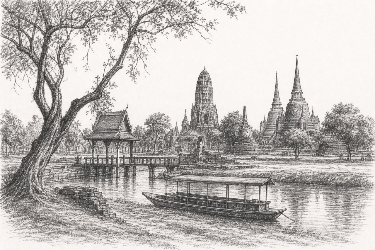 Hand-drawn pencil travel sketch for Ayutthaya Historical Park, Thailand
