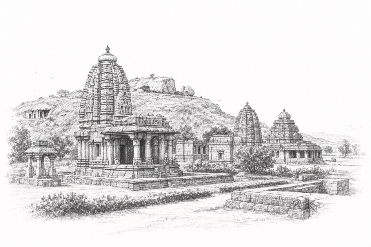 Hand-drawn pencil travel sketch for Badami, Aihole and Pattadakal, India