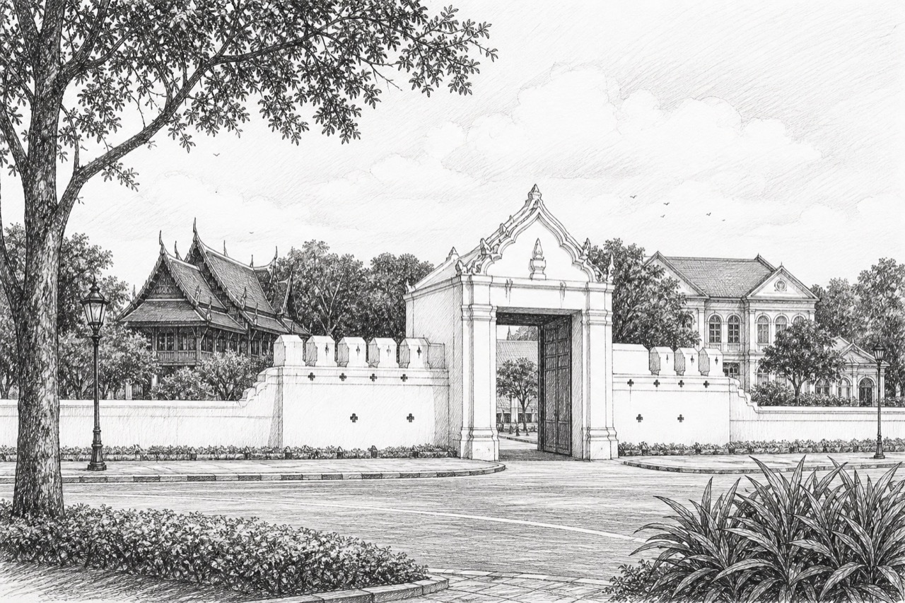 Hand-drawn pencil travel sketch for Bangkok, Thailand