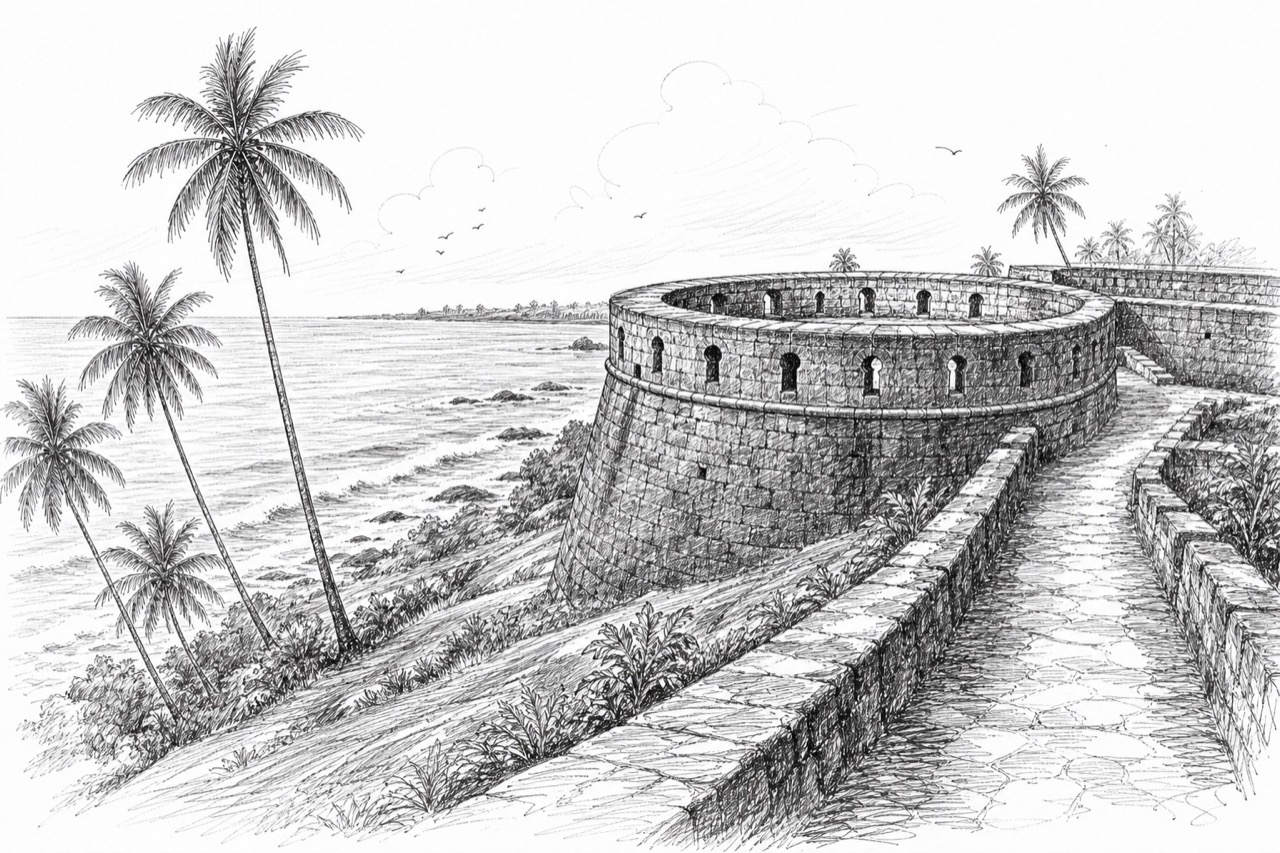 Hand-drawn travel sketch of Bekal