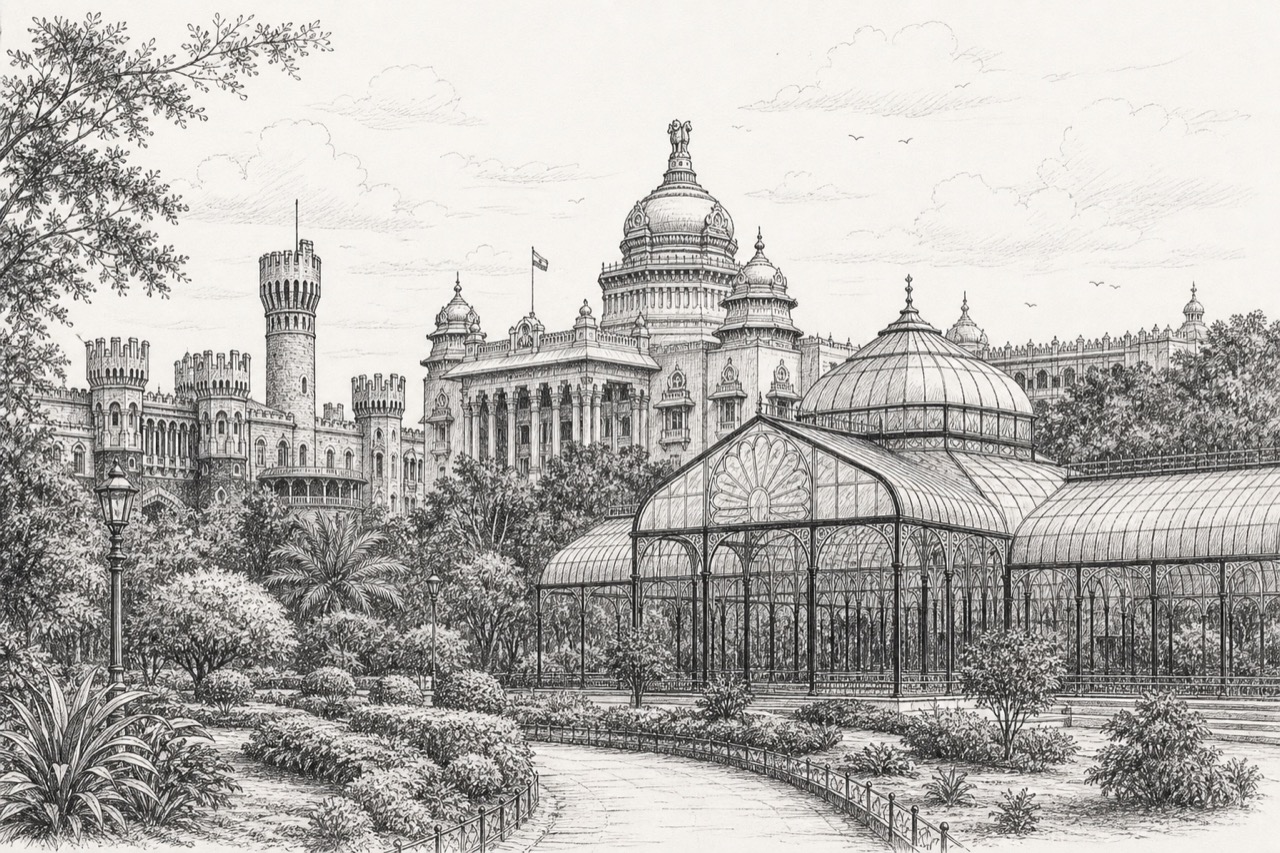 Hand-drawn pencil travel sketch for Bengaluru
