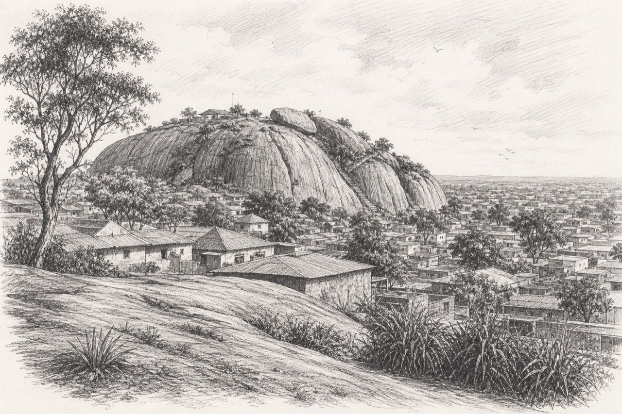 Hand-drawn pencil travel sketch for Abeokuta, Nigeria