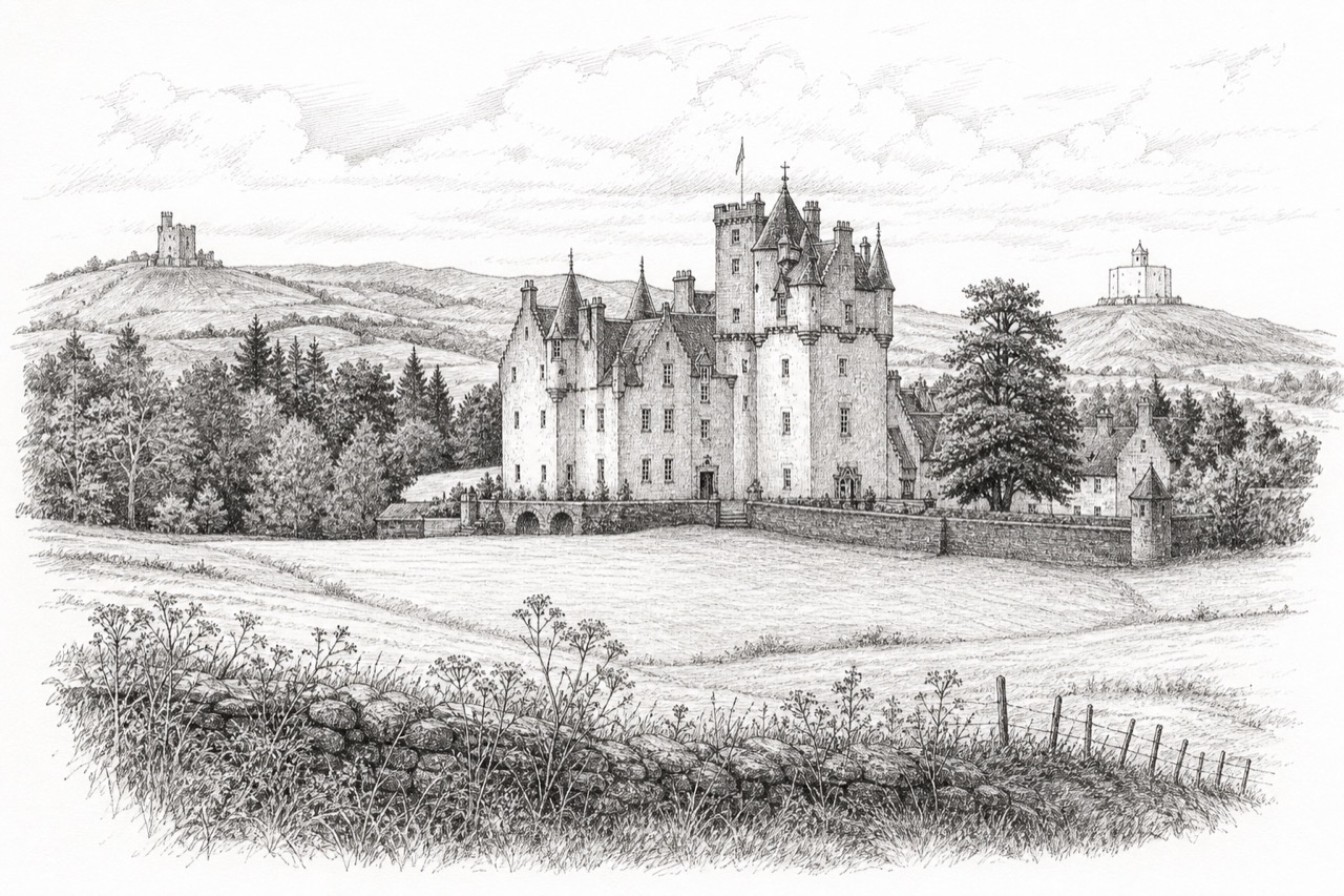 Hand-drawn pencil travel sketch for Aberdeenshire, United Kingdom
