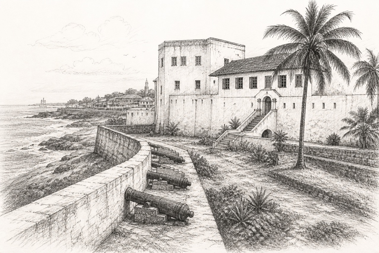 Hand-drawn pencil travel sketch for Accra, Ghana