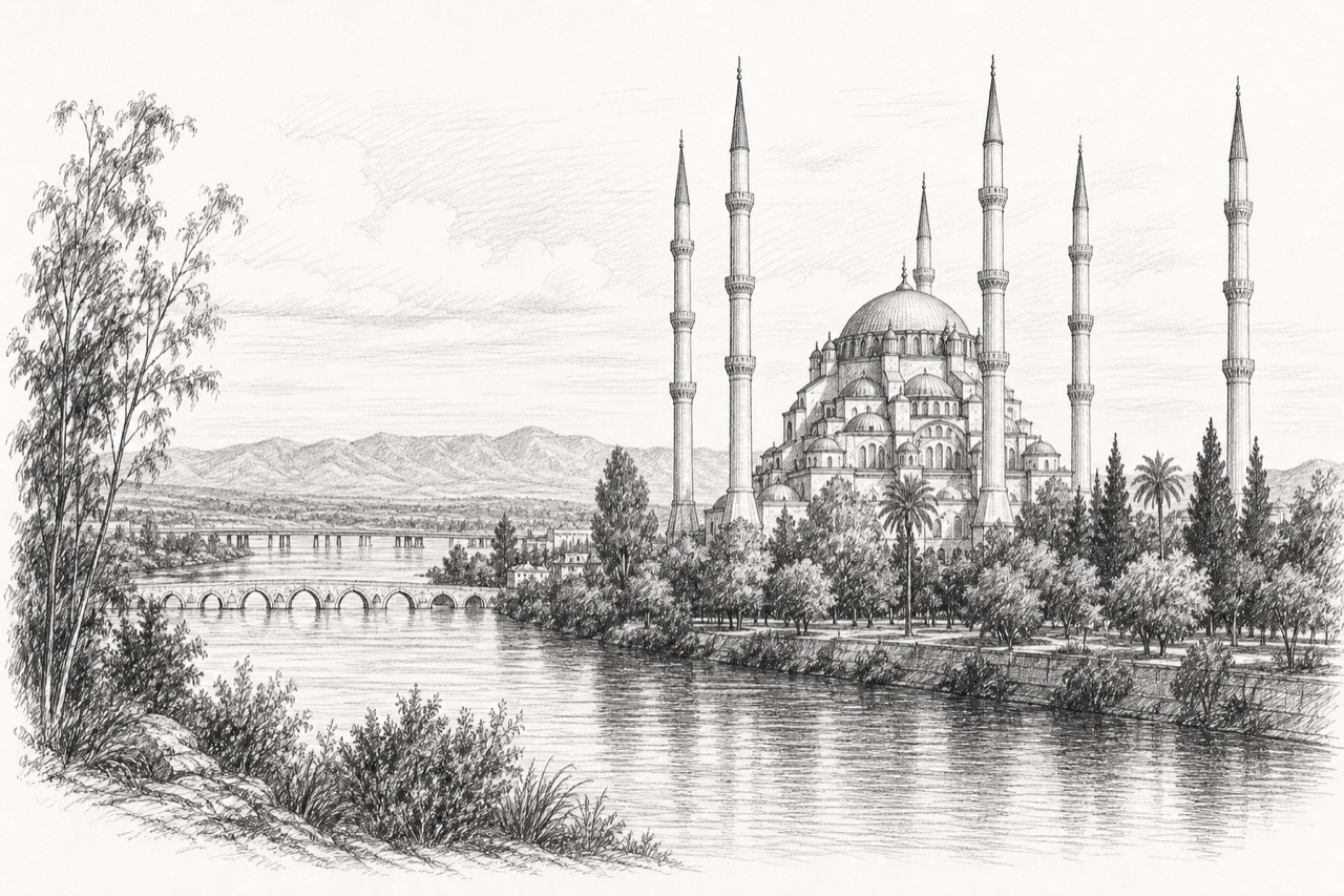 Hand-drawn pencil travel sketch for Adana, Turkey