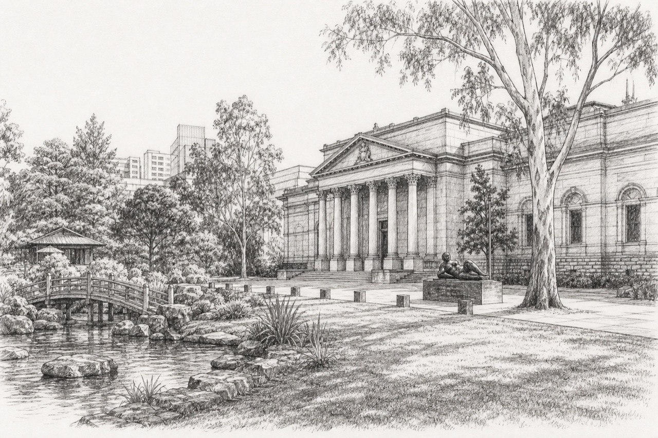 Hand-drawn pencil travel sketch for Adelaide, Australia