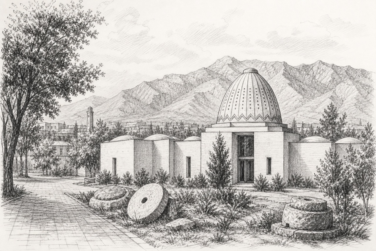 Hand-drawn pencil travel sketch for Aghdam, Azerbaijan