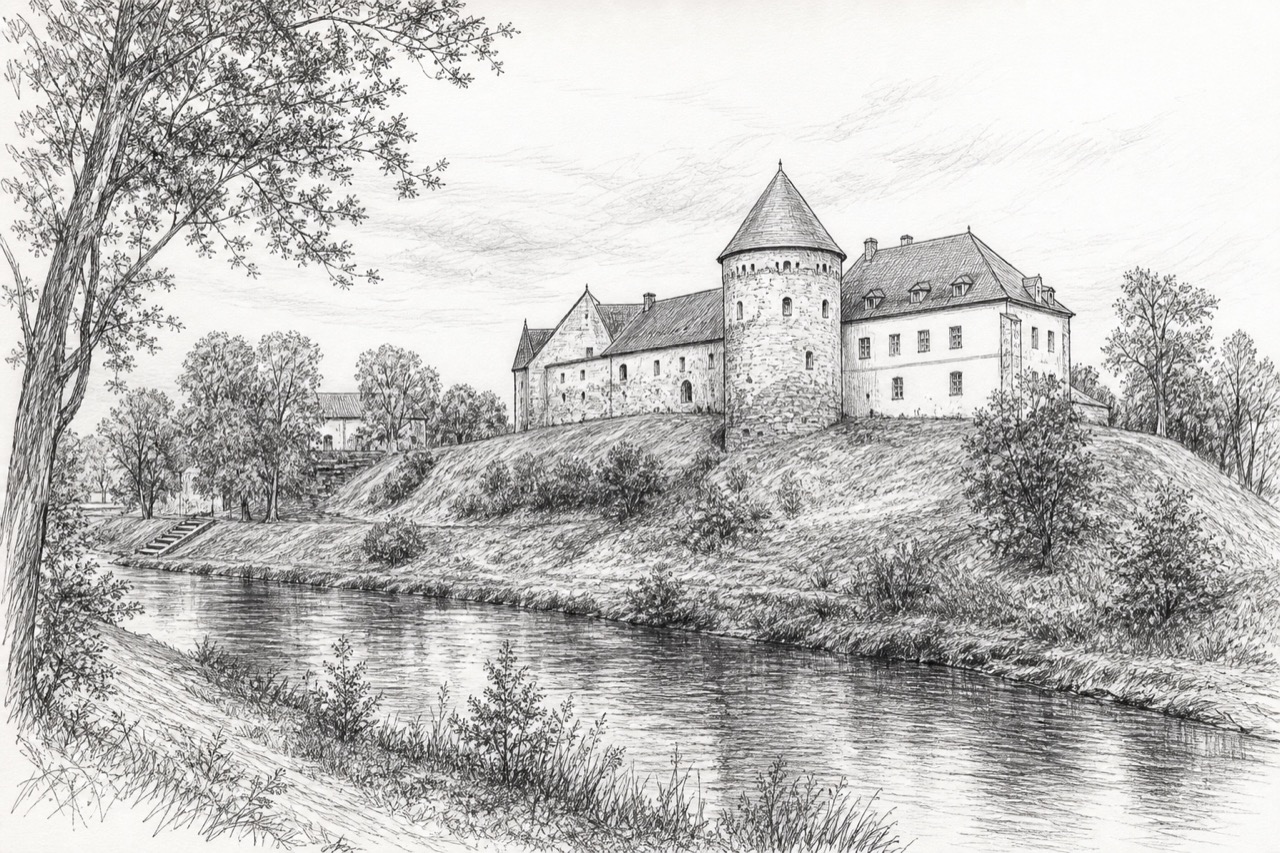 Hand-drawn pencil travel sketch for Aizpute, Latvia
