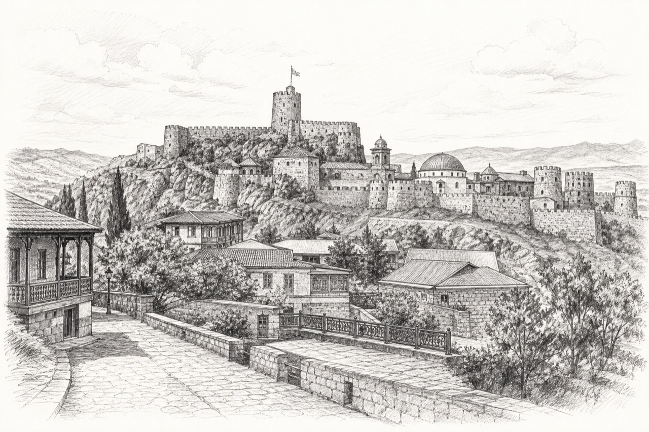 Hand-drawn pencil travel sketch for Akhaltsikhe, Georgia