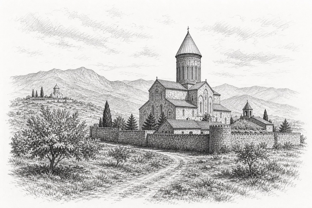 Hand-drawn pencil travel sketch for Akhmeta, Georgia