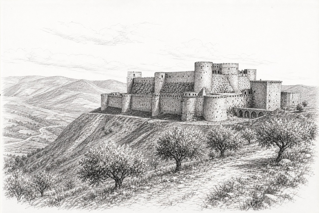 Hand-drawn pencil travel sketch for Al-Husn, Syria