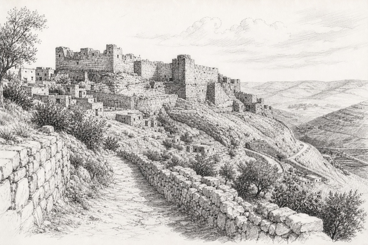 Hand-drawn pencil travel sketch for Al-Karak, Jordan