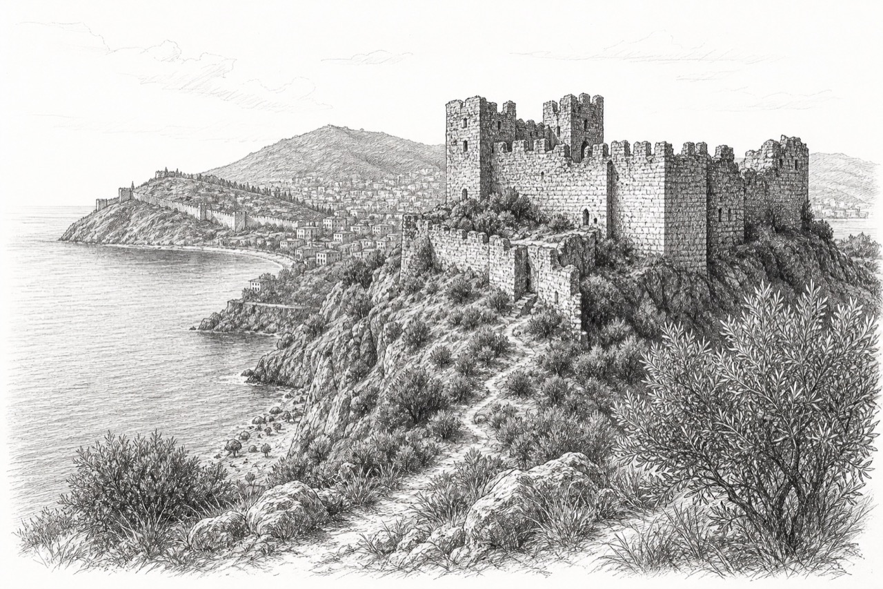 Hand-drawn pencil travel sketch for Alanya, Turkey