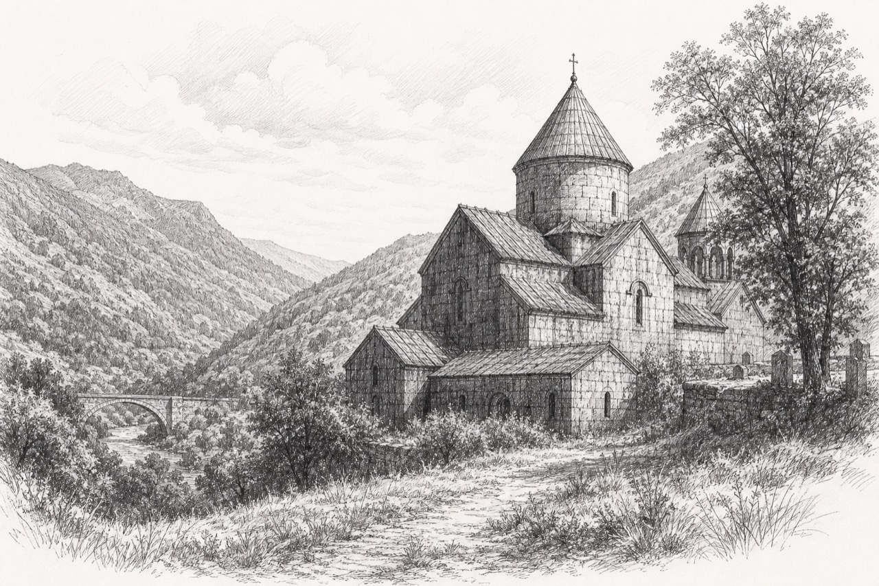 Hand-drawn pencil travel sketch for Alaverdi, Armenia