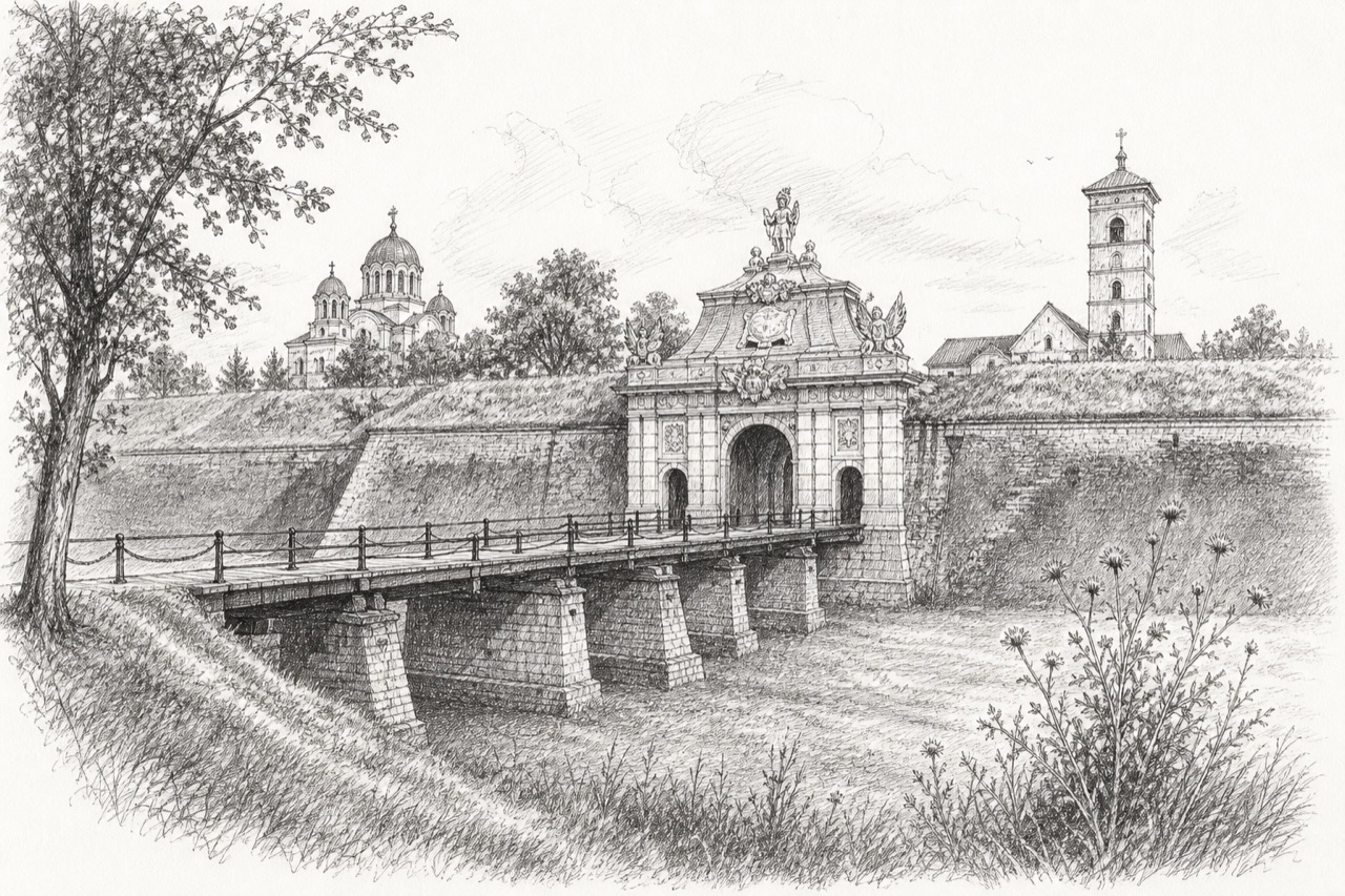 Hand-drawn pencil travel sketch for Alba Iulia, Romania