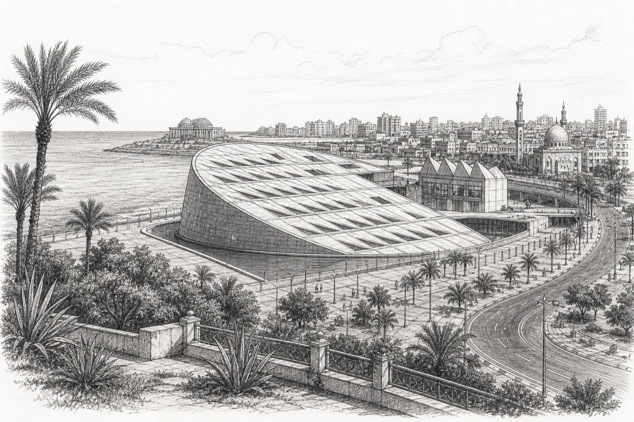 Hand-drawn pencil travel sketch for Alexandria, Egypt