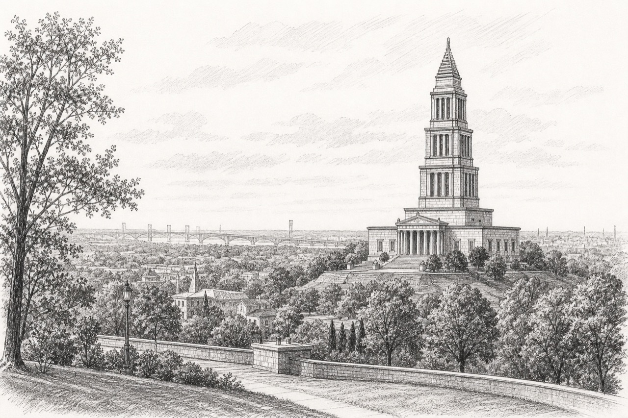Hand-drawn pencil travel sketch for Alexandria, United States
