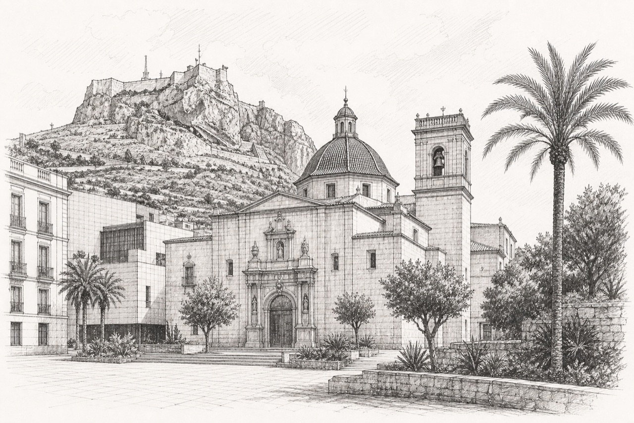 Hand-drawn pencil travel sketch for Alicante, Spain