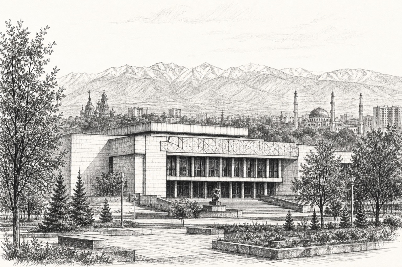Hand-drawn pencil travel sketch for Almaty, Kazakhstan