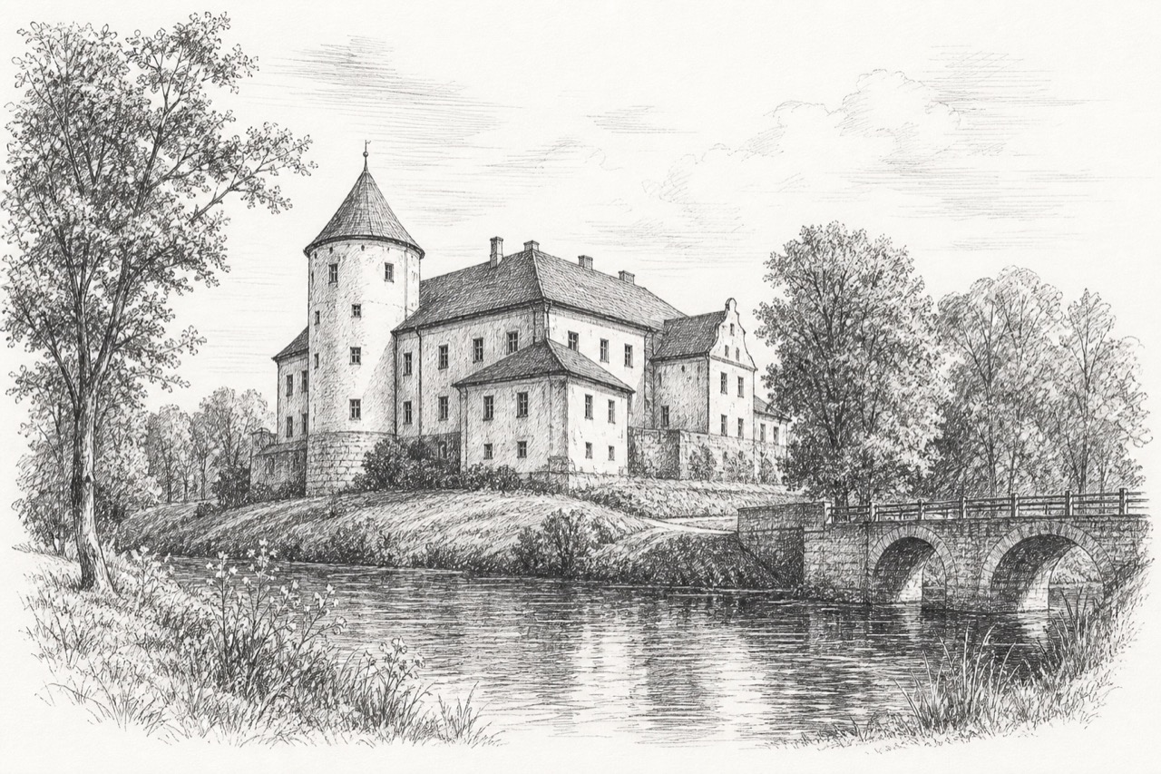 Hand-drawn pencil travel sketch for Alsunga, Latvia