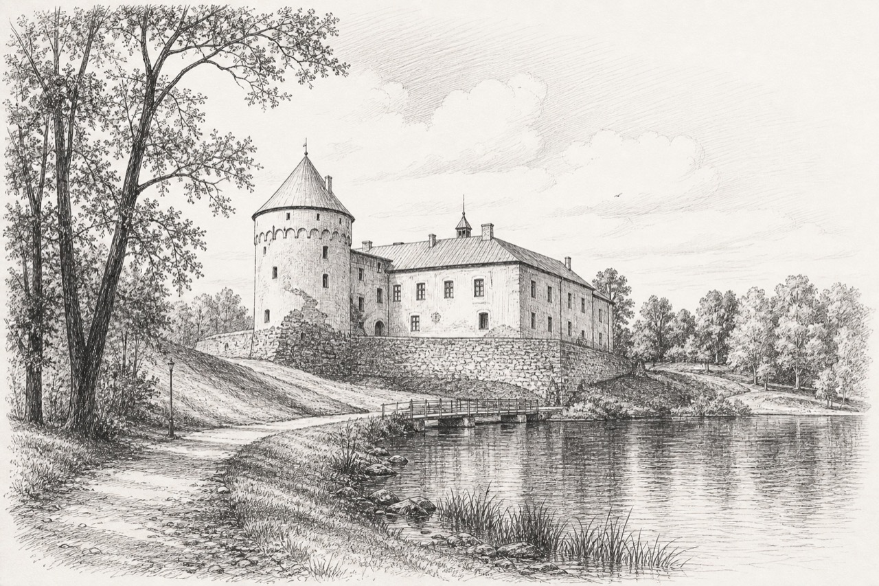 Hand-drawn pencil travel sketch for Alūksne, Latvia