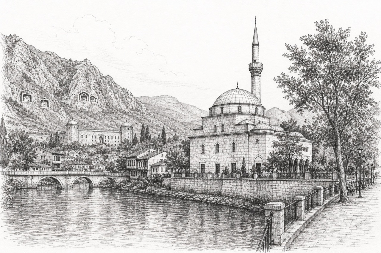 Hand-drawn pencil travel sketch for Amasya, Turkey