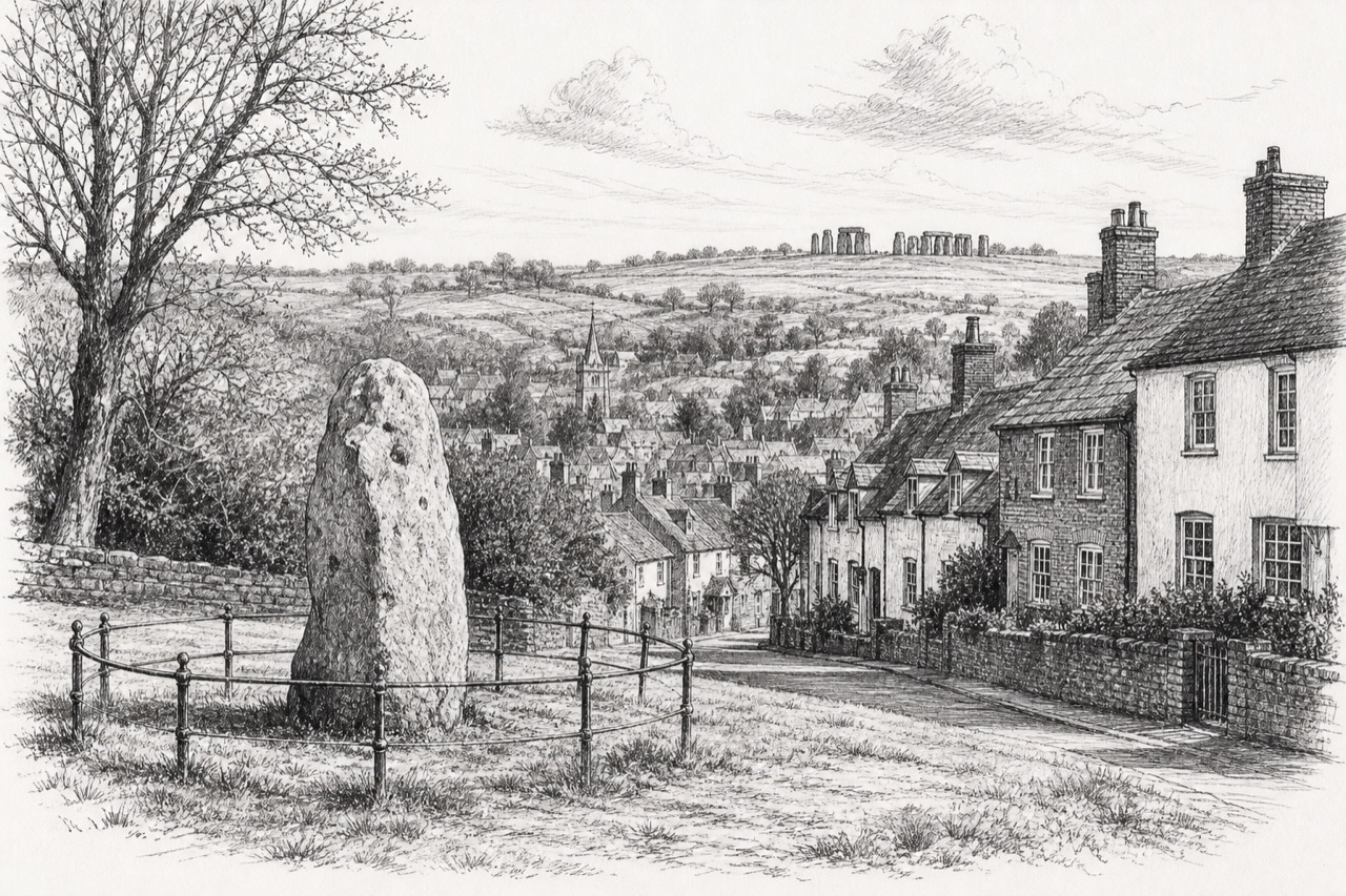 Hand-drawn pencil travel sketch for Amesbury, United Kingdom