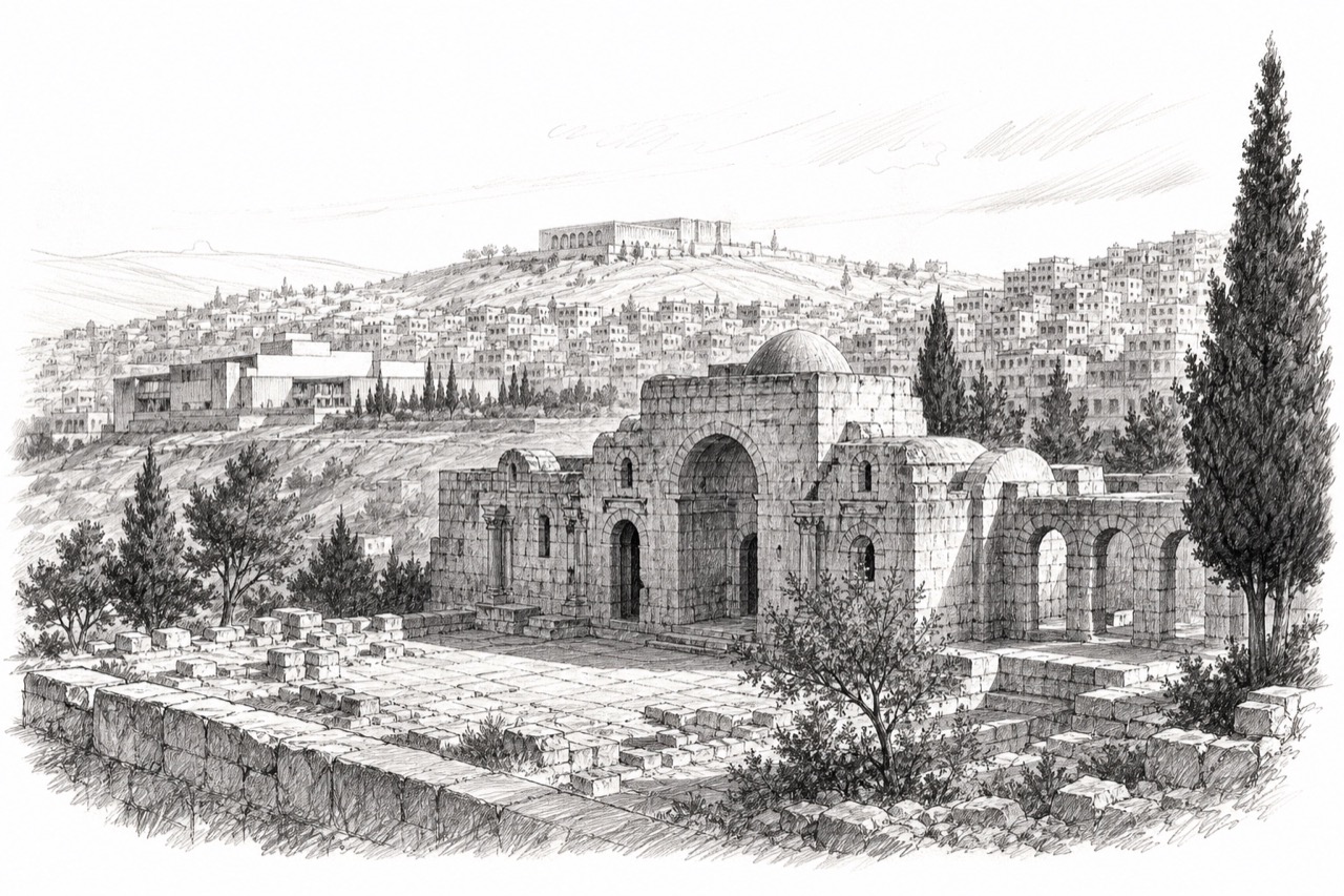 Hand-drawn pencil travel sketch for Amman, Jordan