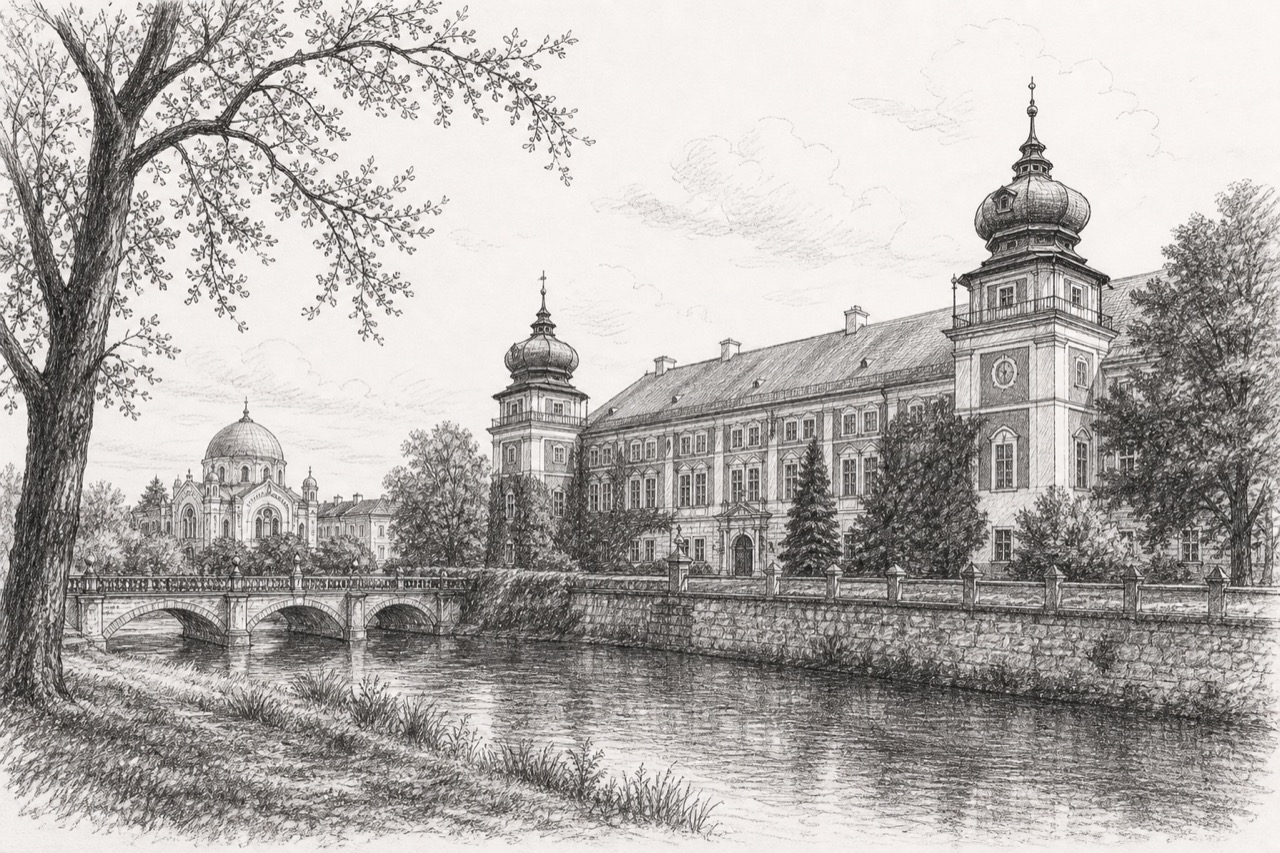 Hand-drawn pencil travel sketch for Łańcut, Poland