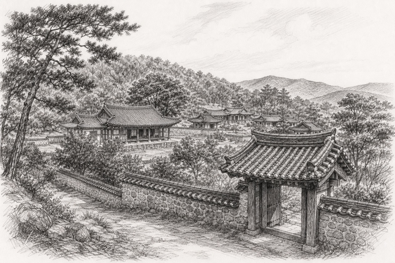 Hand-drawn pencil travel sketch for Andong, South Korea