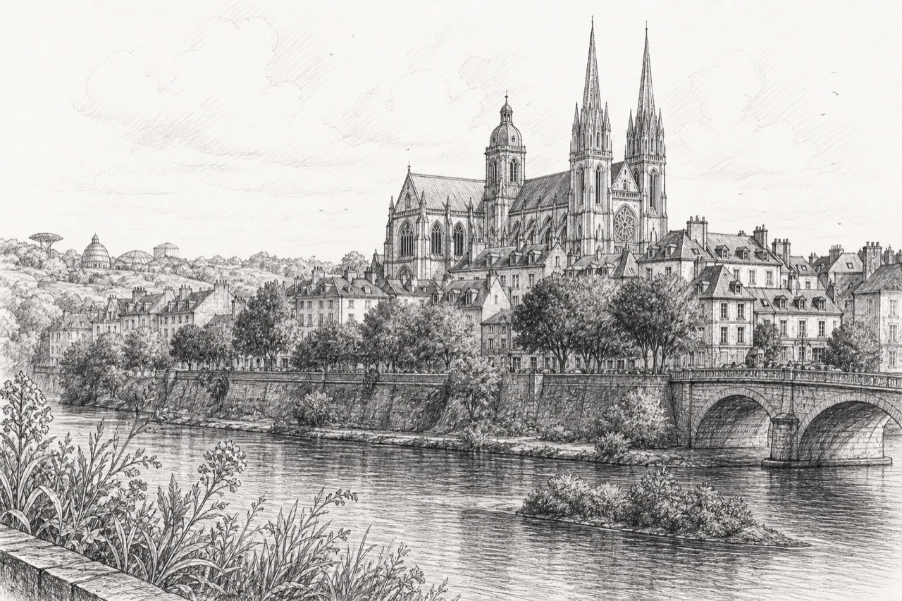 Hand-drawn pencil travel sketch for Angers, France