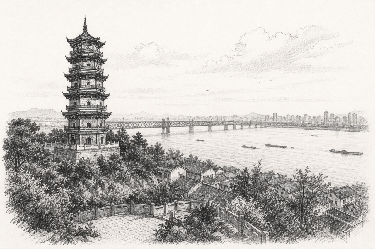 Hand-drawn pencil travel sketch for Anqing, People's Republic of China