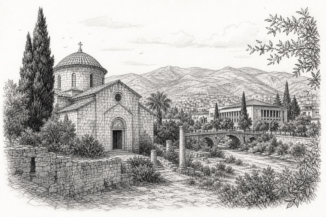 Hand-drawn pencil travel sketch for Antakya, Turkey