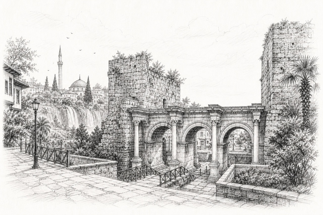 Hand-drawn pencil travel sketch for Antalya, Turkey
