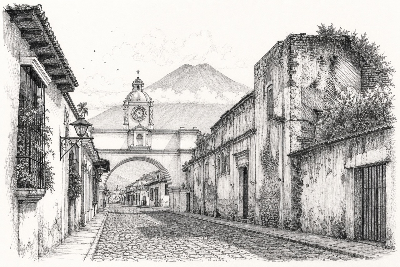 Hand-drawn pencil travel sketch for Antigua Guatemala, Guatemala