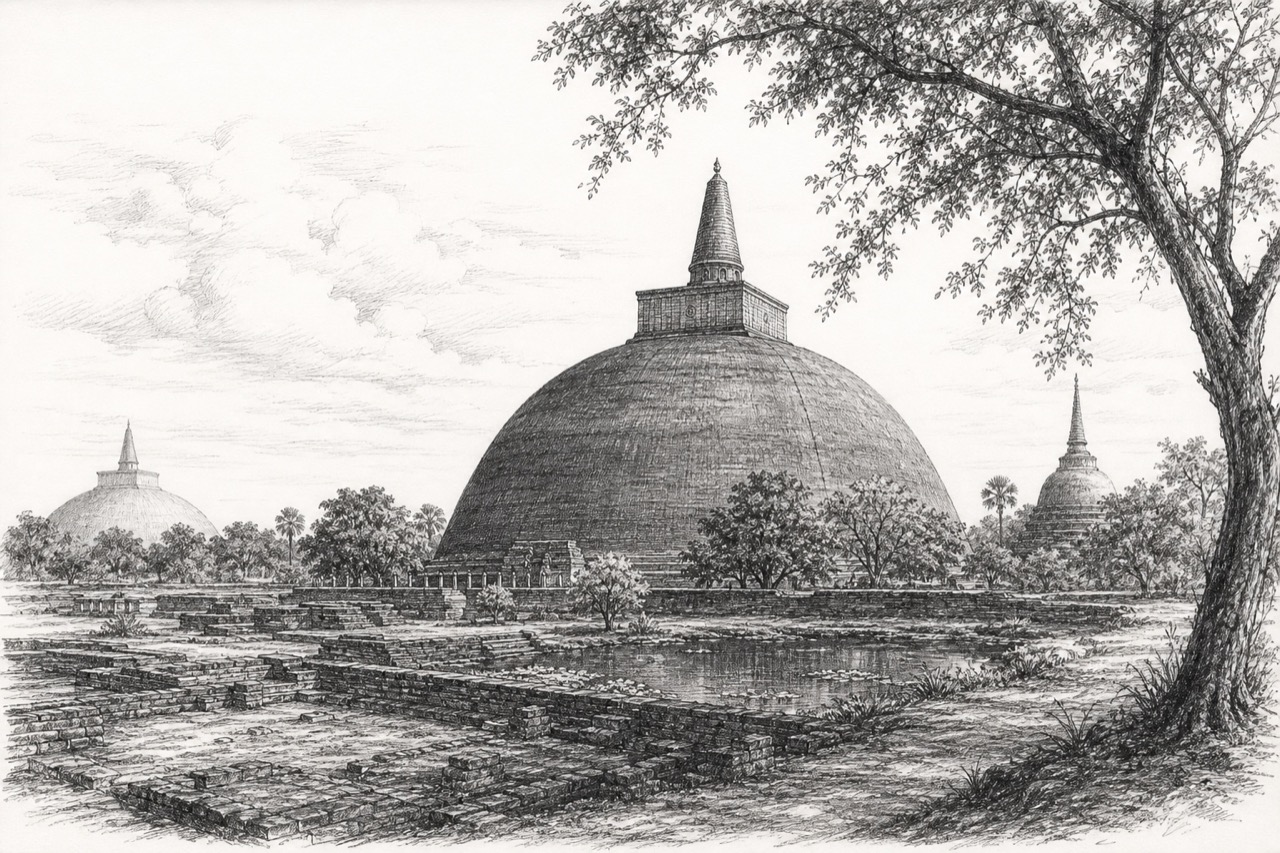 Hand-drawn pencil travel sketch for Anuradhapura, Sri Lanka
