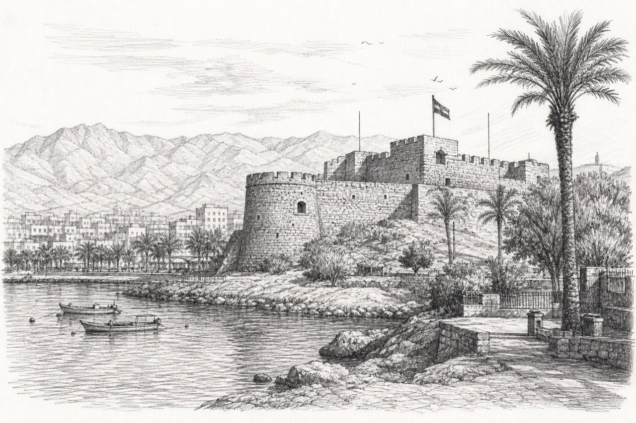 Hand-drawn pencil travel sketch for Aqaba, Jordan