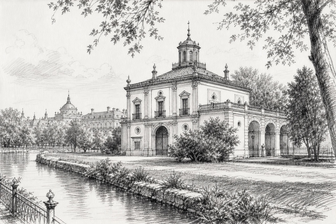 Hand-drawn pencil travel sketch for Aranjuez, Spain