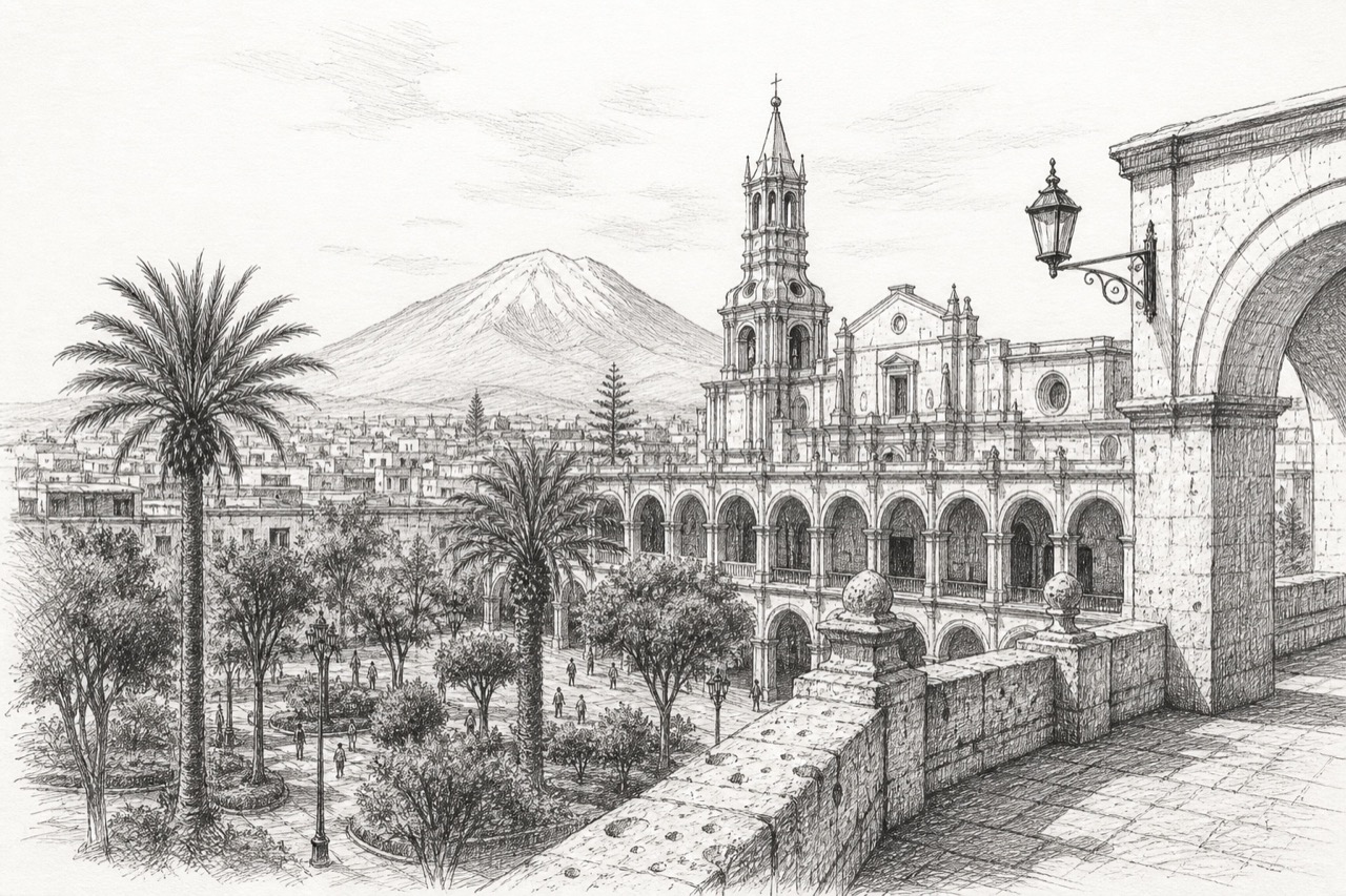 Hand-drawn pencil travel sketch for Arequipa, Peru