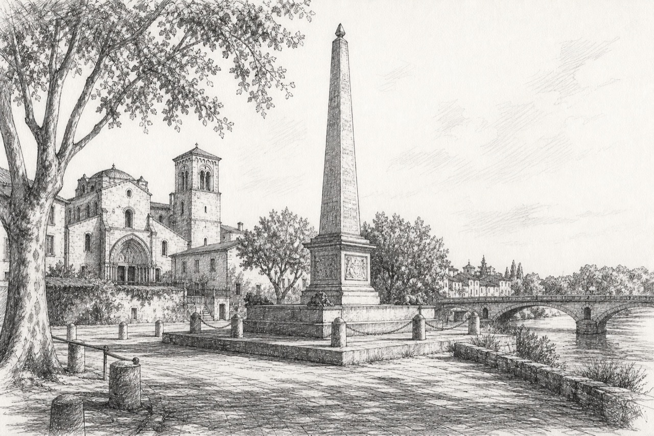 Hand-drawn pencil travel sketch for Arles, France