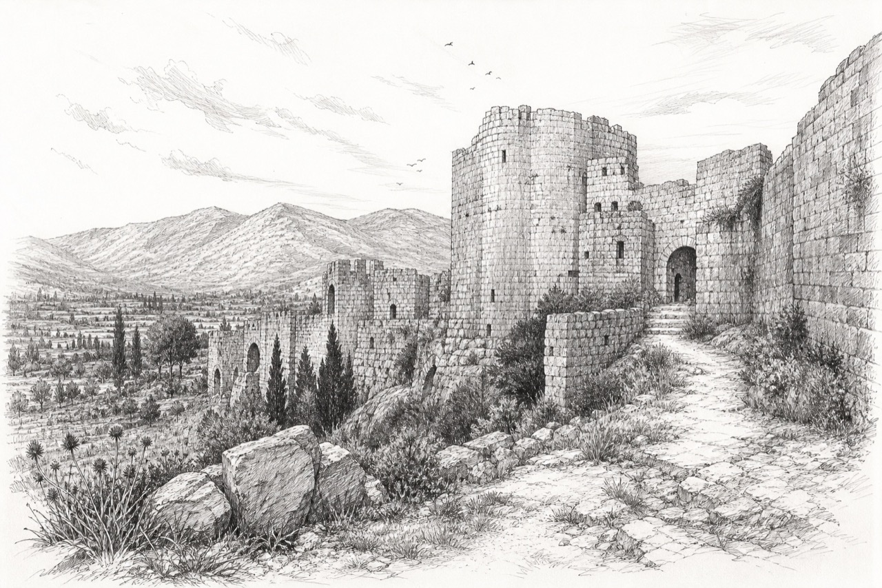 Hand-drawn pencil travel sketch for Arnoun, Lebanon