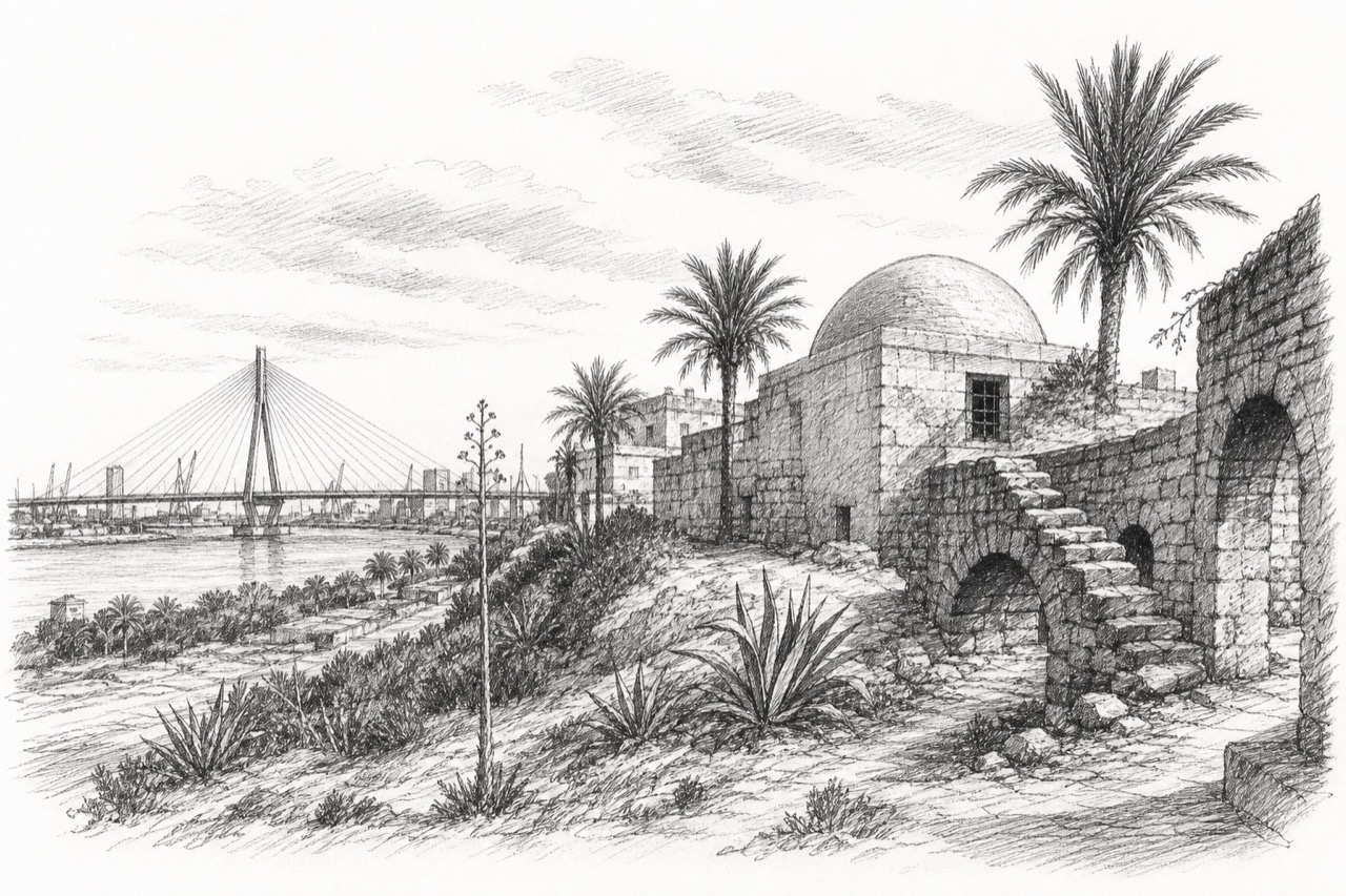 Hand-drawn pencil travel sketch for Ashdod, Israel