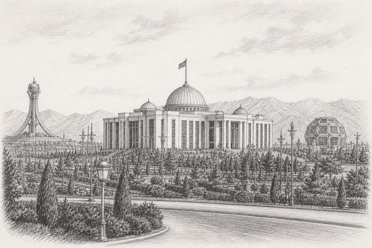 Hand-drawn pencil travel sketch for Ashgabat, Turkmenistan